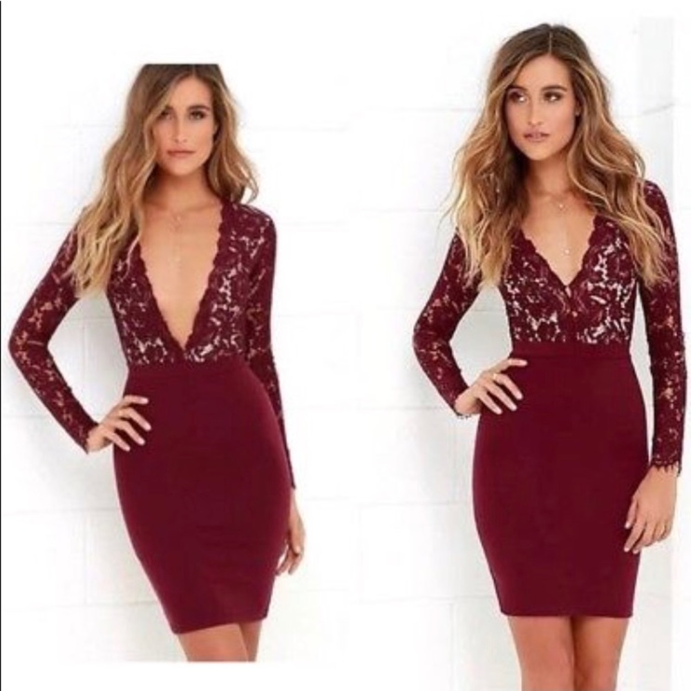 Lulus Swooner Or Later Burgandy Long Sleeve Lace